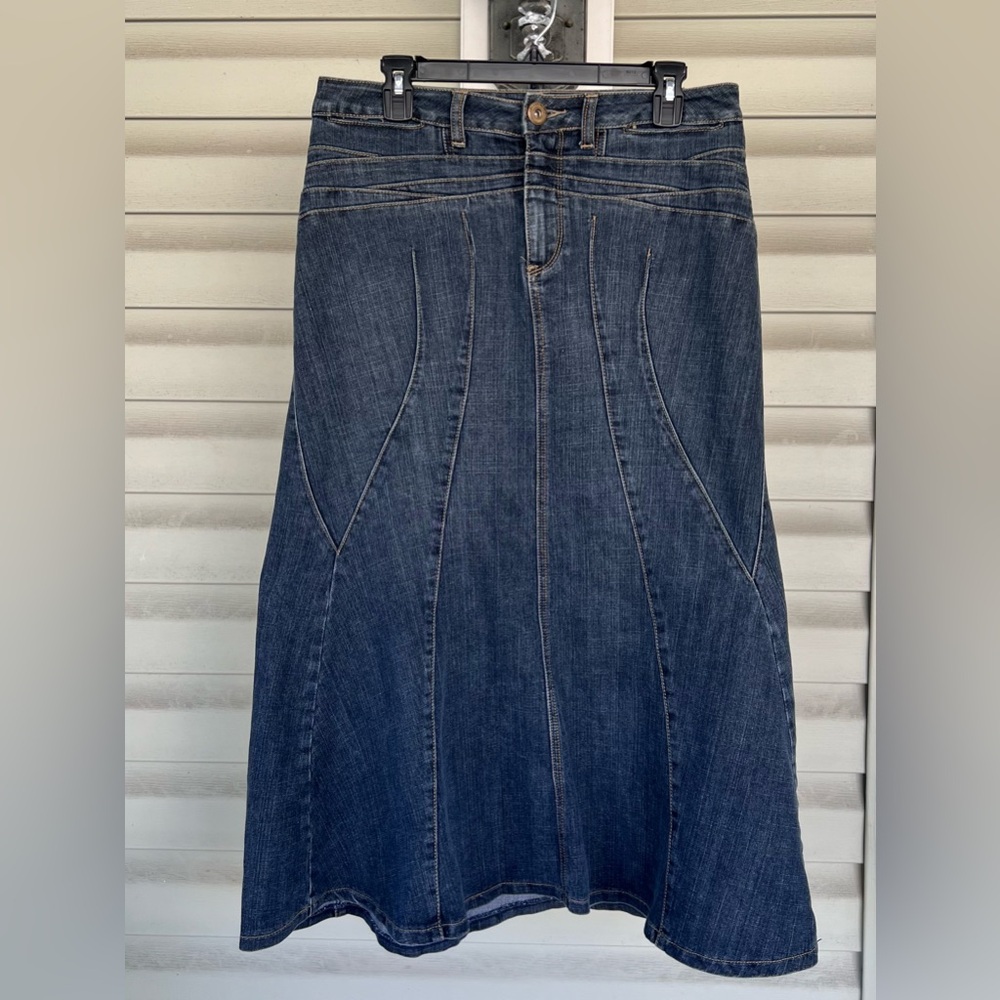 VTG Baccini 90s Y2K Denim Maxi Trumpet Flare Skirt 8 Boho Modest Western Fluted - Picture 2 of 12